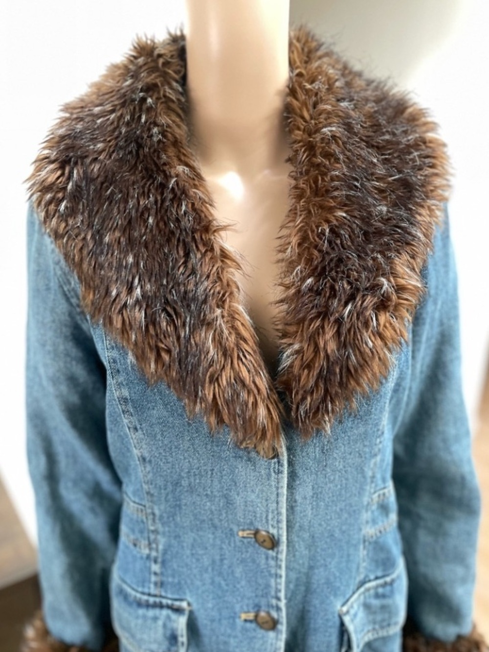 Vtg GIACCA Penny Lane Y2K Faux Fur Denim Coat Jacket Old Money Mobwife XL - Picture 5 of 7
